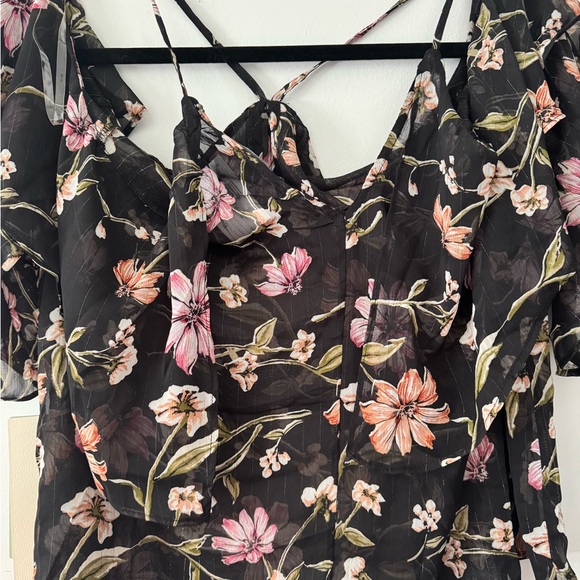 Iris Youth Plus Size 3X Black and Pink Floral Ruffled Thin See Through Blouse - Picture 6 of 7